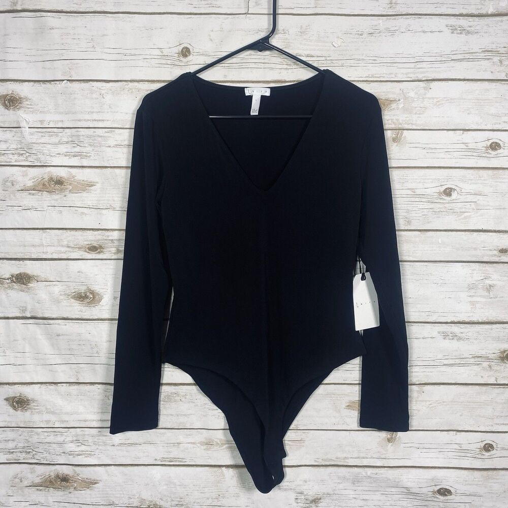 Leith Women Deep V-neck Long Sleeve Bodysuit‎ Slim Fit Black Size L